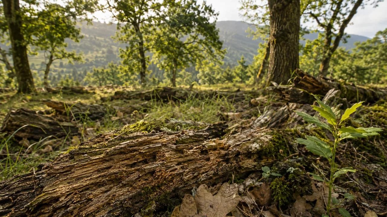 Totholz in einem lichten Eichenhain mit jungem Eichentrieb