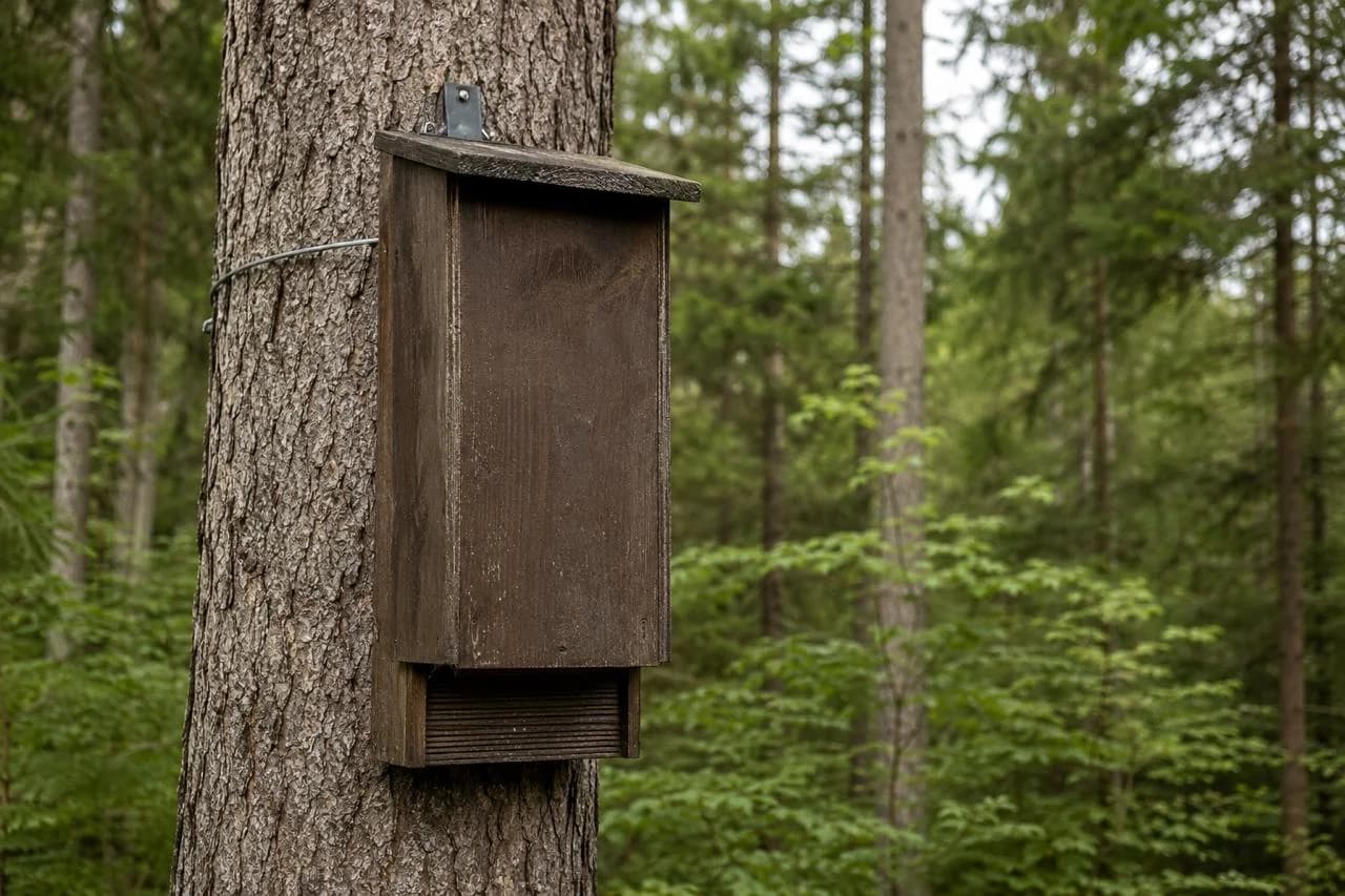 Fledermaus-Brutkasten an einem Baumstamm im Wald